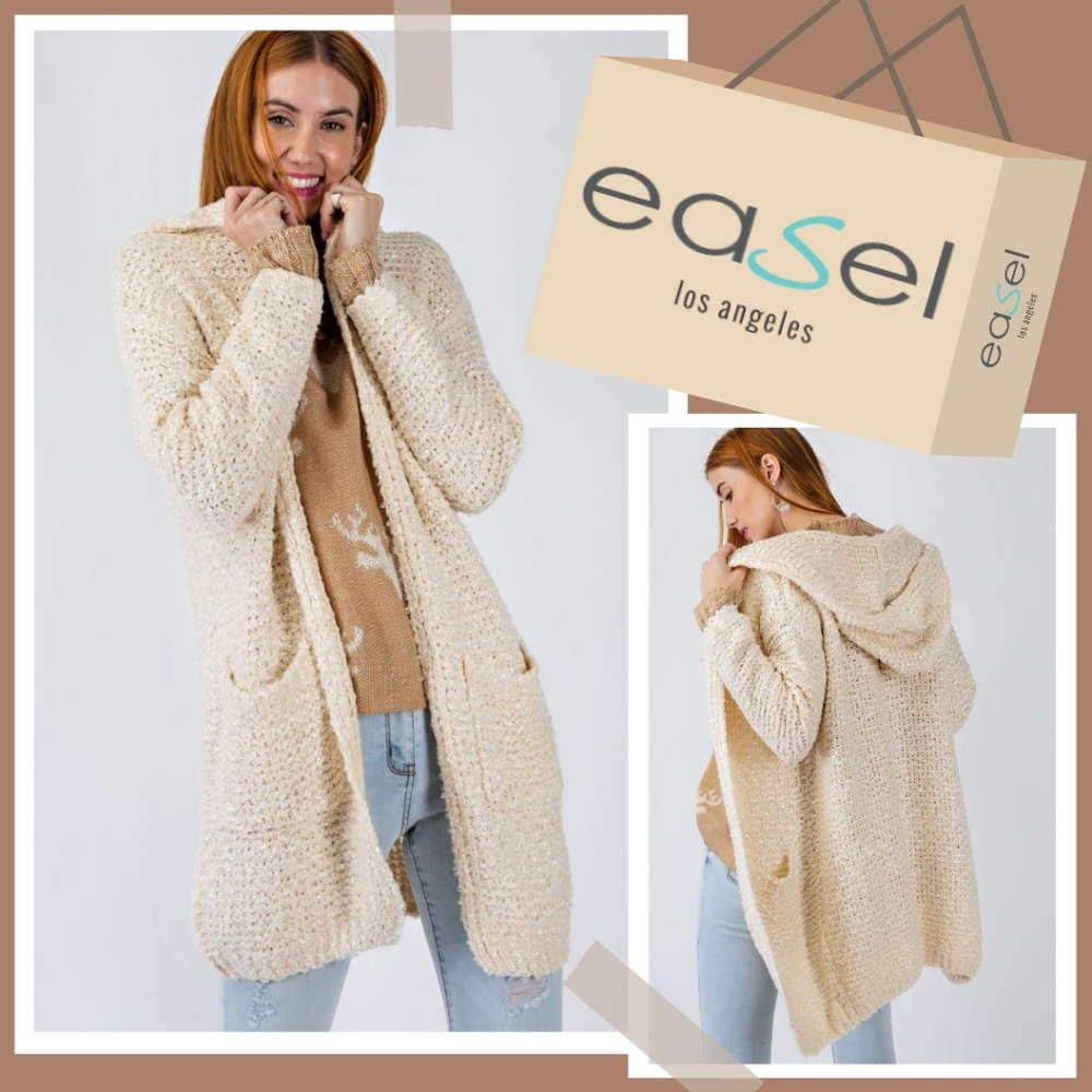 EASEL Luxurious 2-Tone Ultra Soft & Cozy Open Front Long Sweater Hood & Pockets